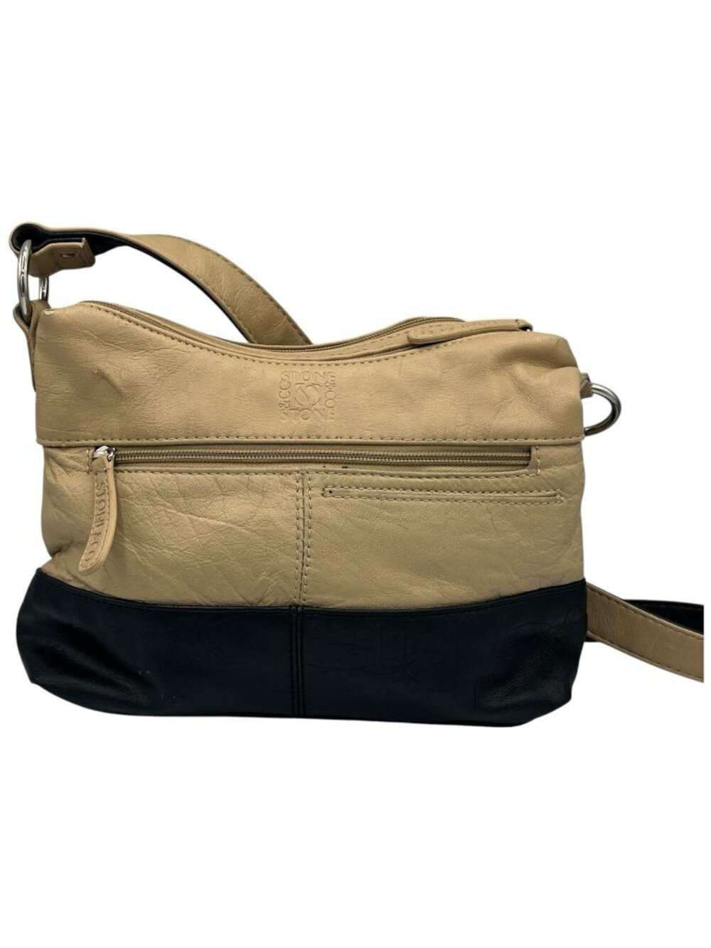 Stone & Co Cross Body Shoulder Bag Beige & Black Multi Zipper Faux Leather - Picture 4 of 16